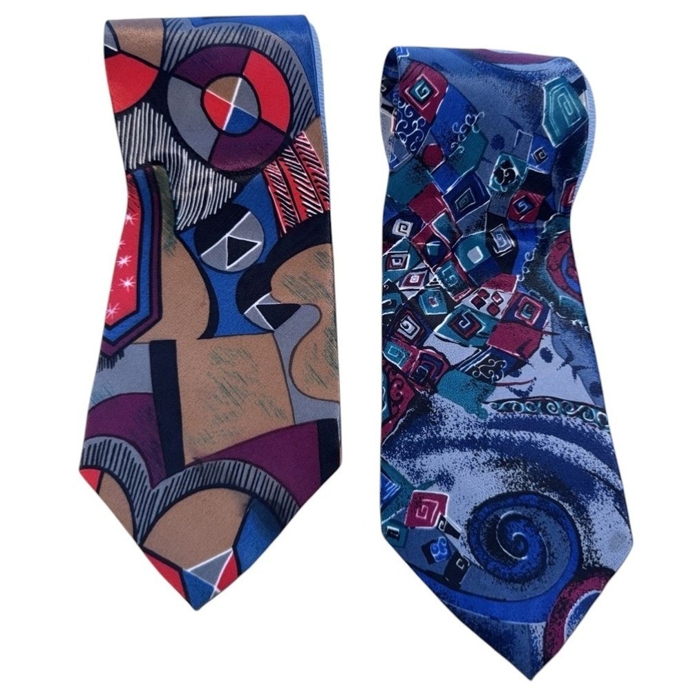 Oscar‎ de la Renta Studio Ties Mens OS Multi Abstract Geometric Silk Lot of 2
